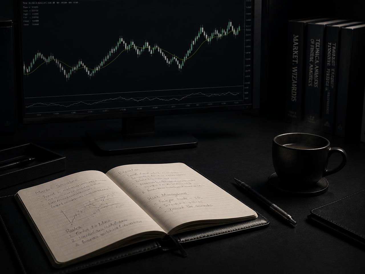 Editorial workspace with market charts and trading journals
